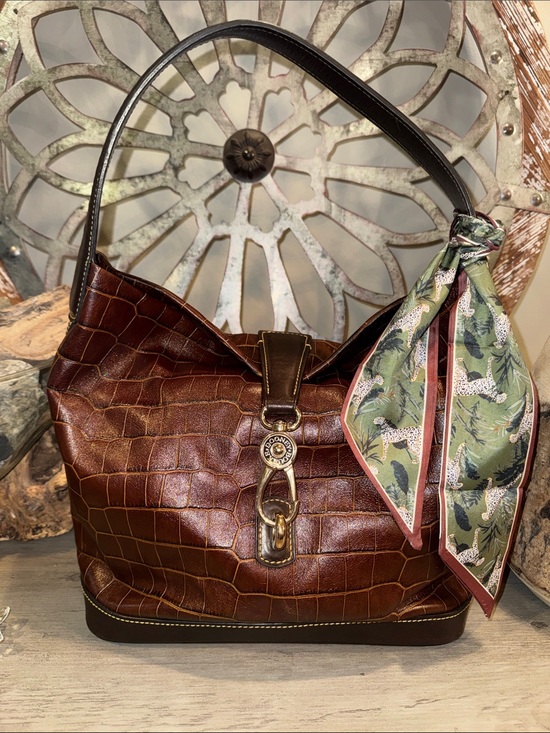 Dooney and Bourke￼ Handbags - Croc-Embossed Brown Leather Shoulder Bag with Decorative Scarf